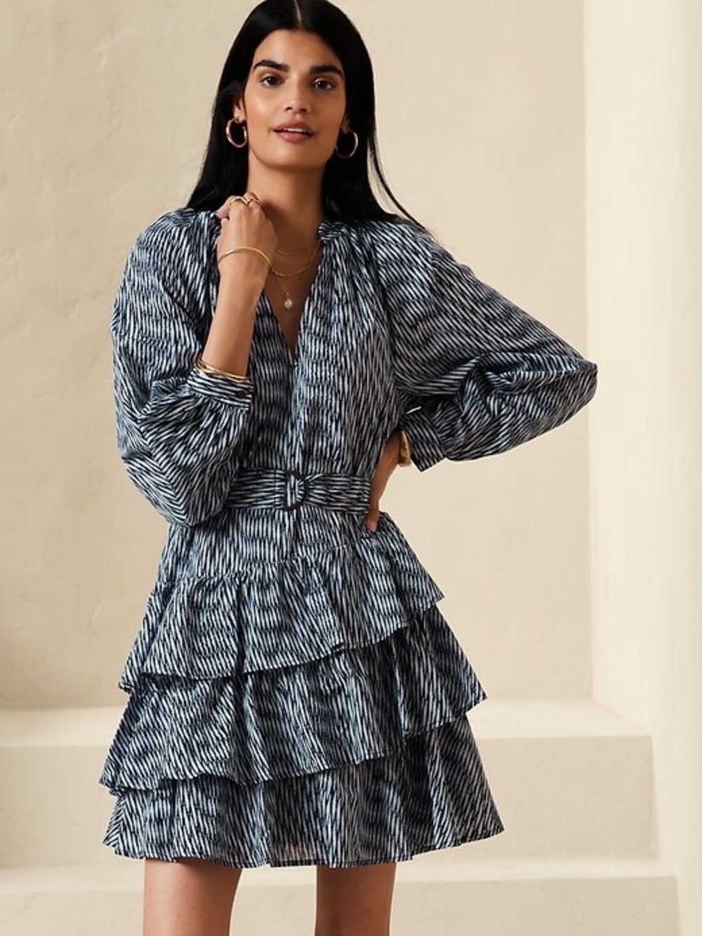 Banana Republic Navy and White Long-Sleeve Ruffle Tiered Dress